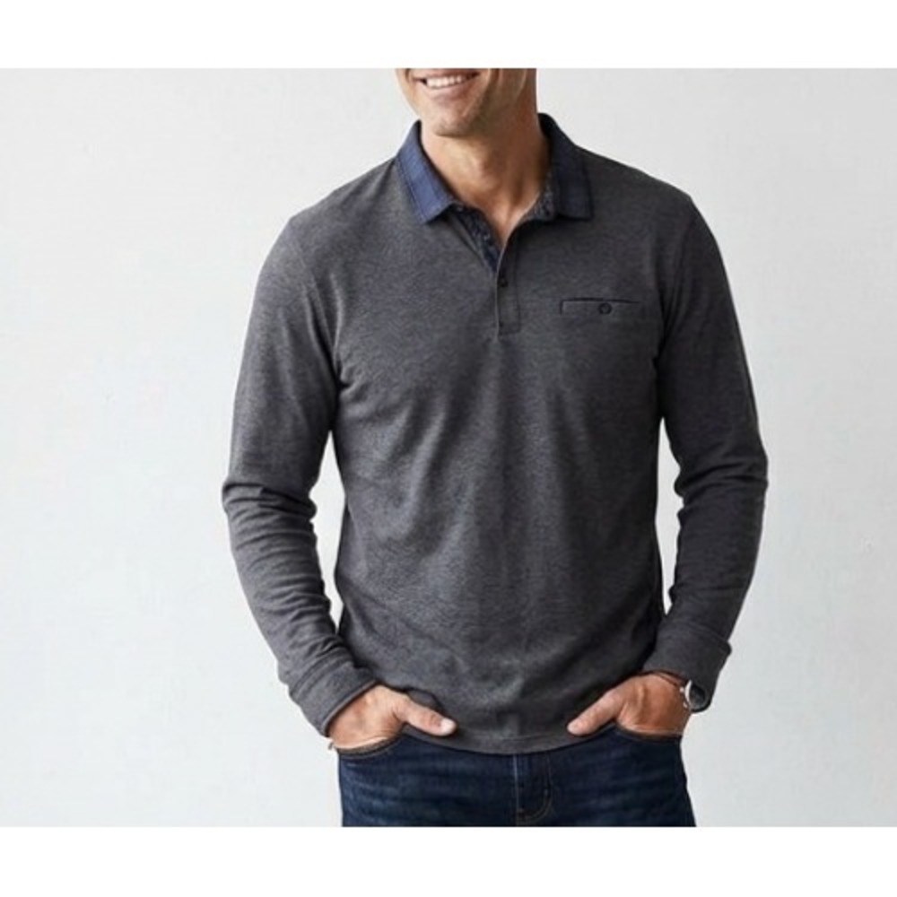TED BAKER Long Sleeve‎ Polo Shirt Heathered Black Mens Size 6 XL Cotton Collar